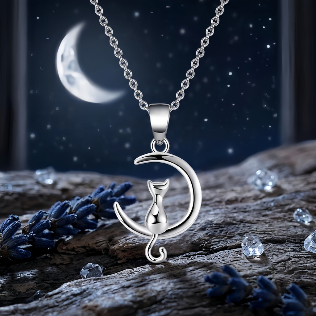 925 Sterling Silver Elegant  Cat on Crescent Moon