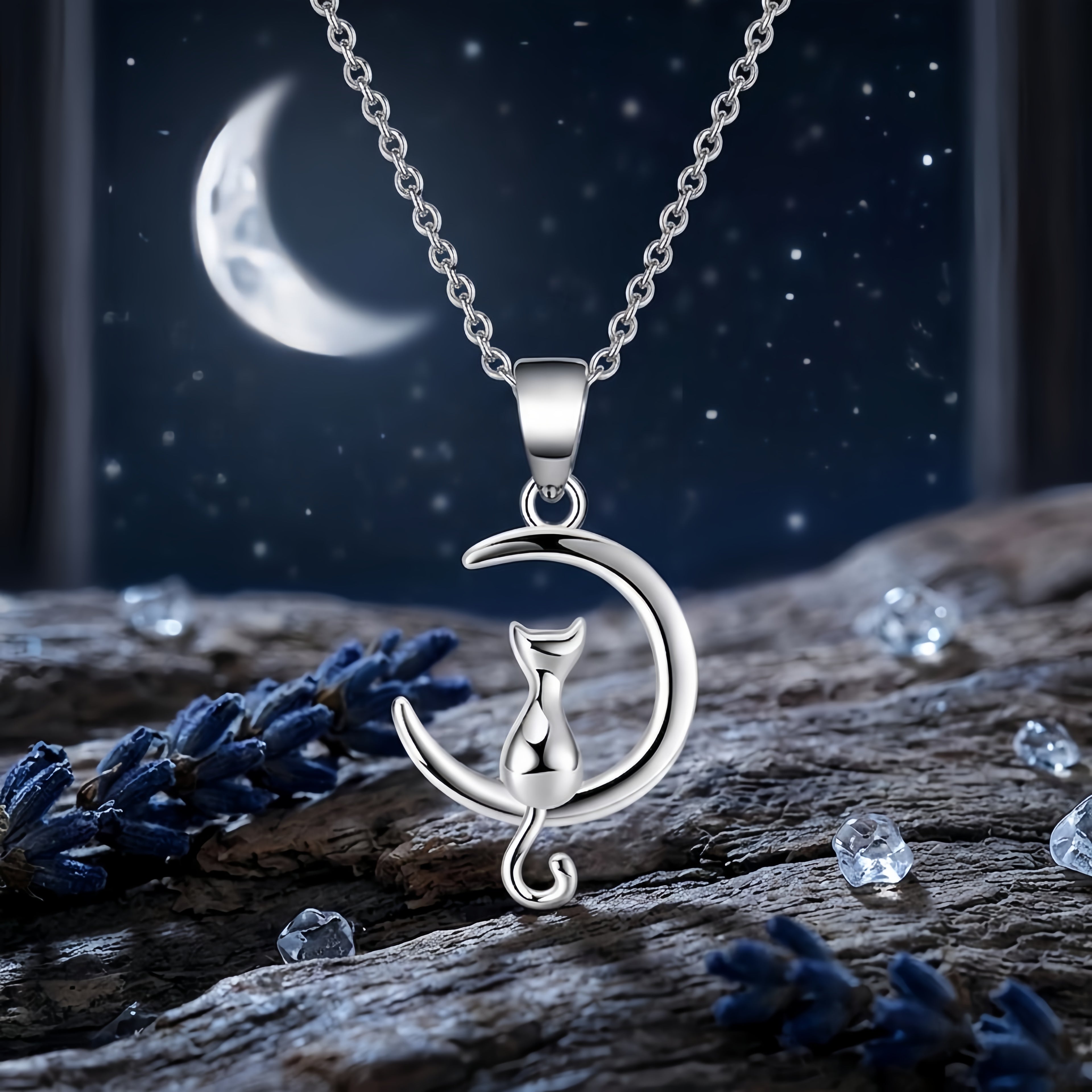 925 Sterling Silver Elegant  Cat on Crescent Moon
