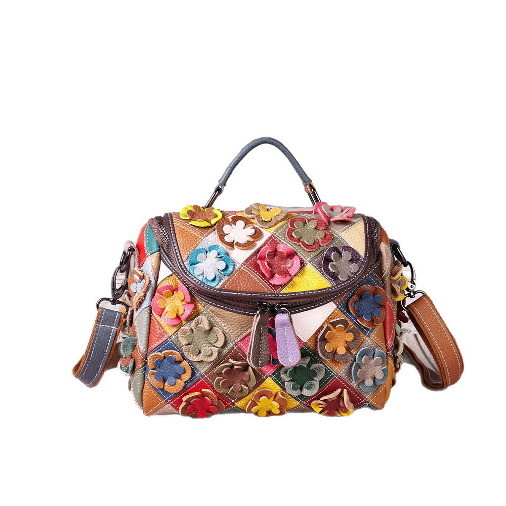 Full-grain Leather Handmade Floral  Patchwork  Shoulder Bag