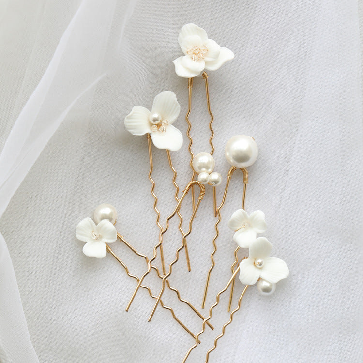 Ceramic Flower Pearl Embellished Bridal Hairpin