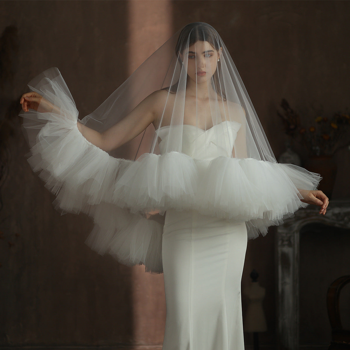 Heavy Industry Ruffled Bridal Veil White