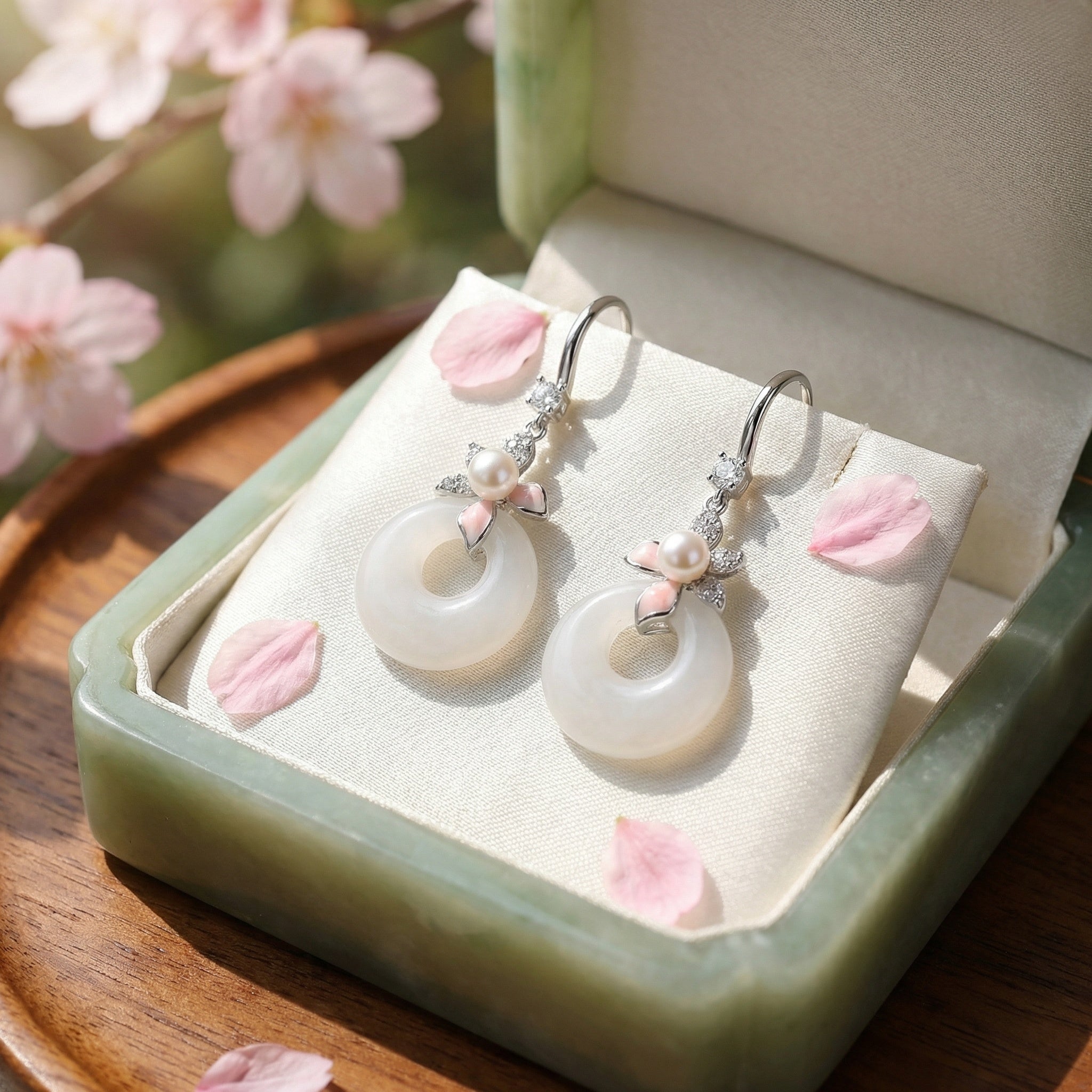 925 Sterling Silver Elegant White Jade and Pearl Floral Drop Earrings in Sterling Silver