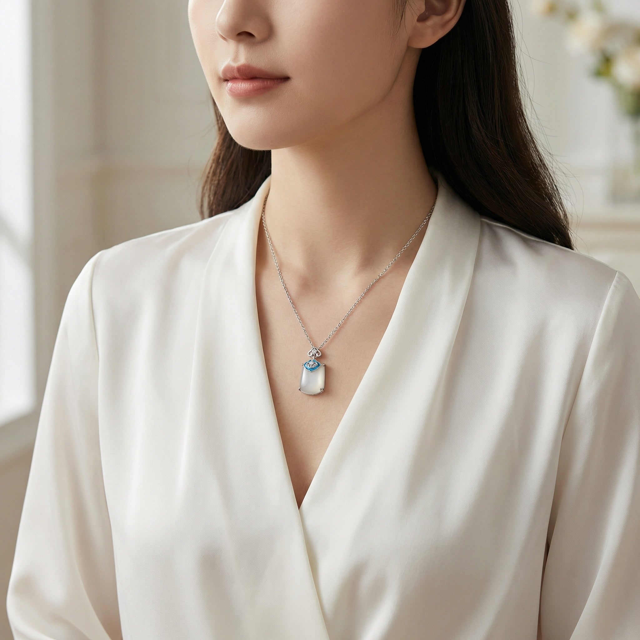 925 Sterling Silver Elegant White Jade and Blue Enamel Ruyi Pendant Necklace