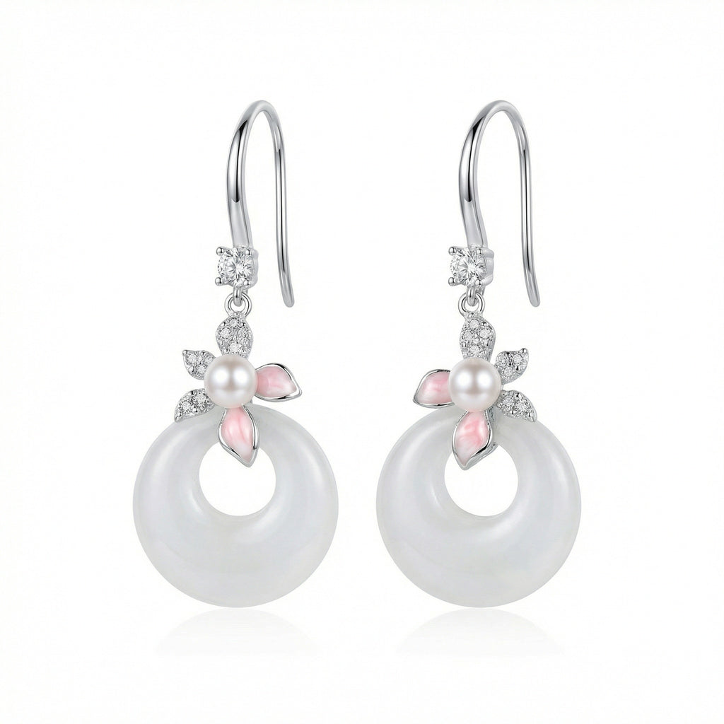925 Sterling Silver  White Jade and Pearl Earrings