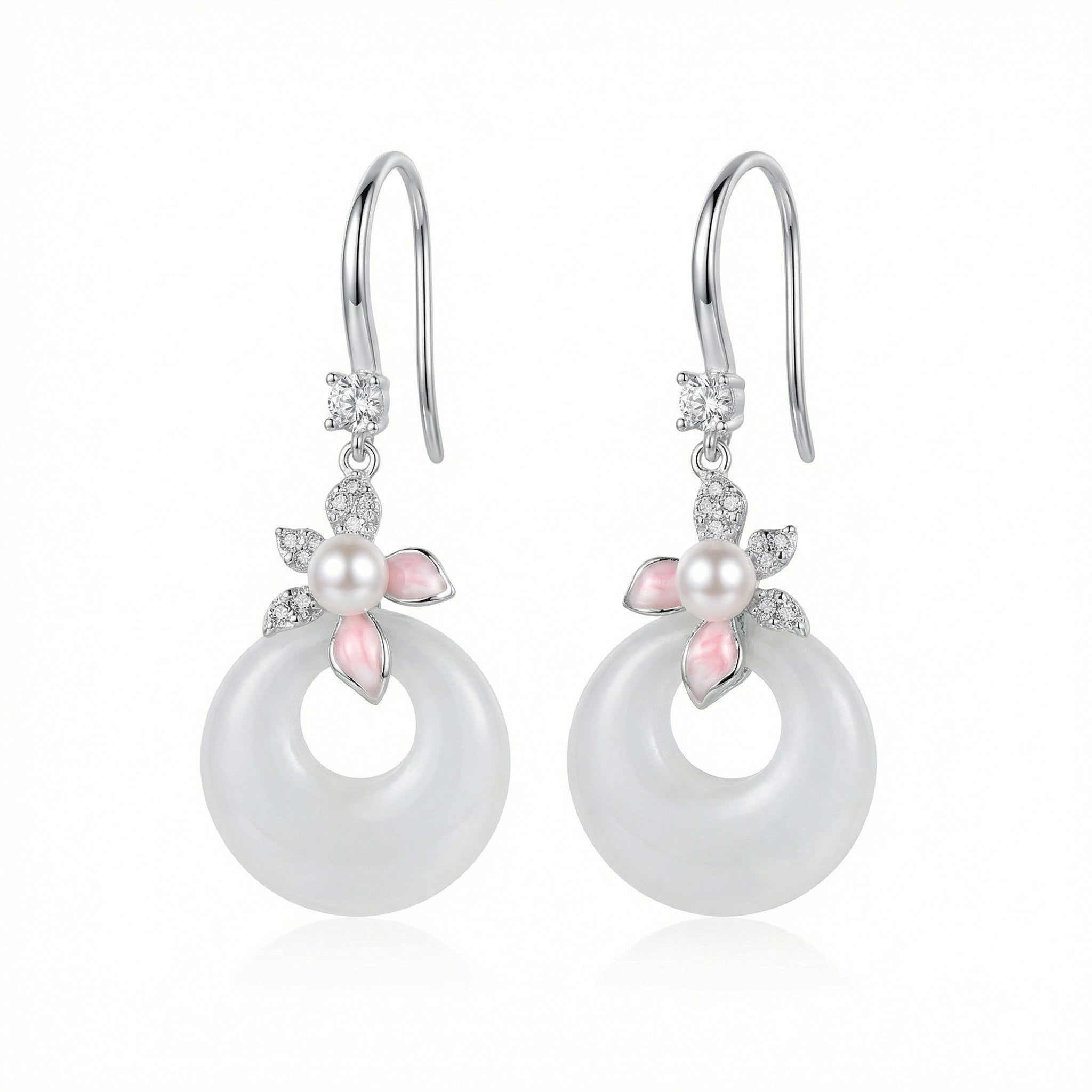 925 Sterling Silver Elegant White Jade and Pearl Floral Drop Earrings in Sterling Silver
