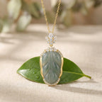 925 Sterling Silver Elegant Leaf-Shaped Green Jadeite  Necklace
