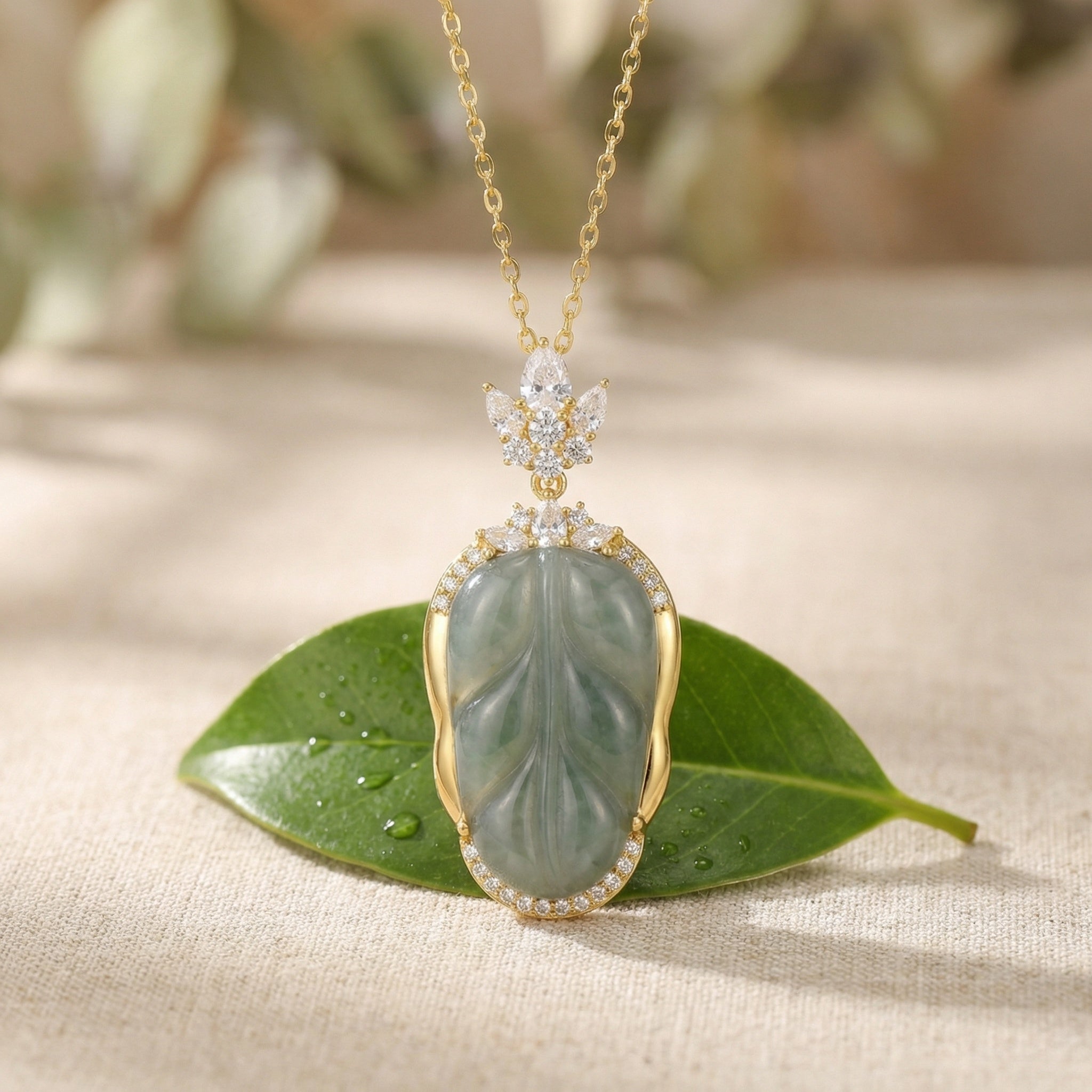 925 Sterling Silver Elegant Leaf-Shaped Green Jadeite Pendant Necklace