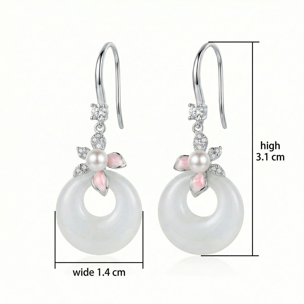 925 Sterling Silver  White Jade and Pearl Earrings