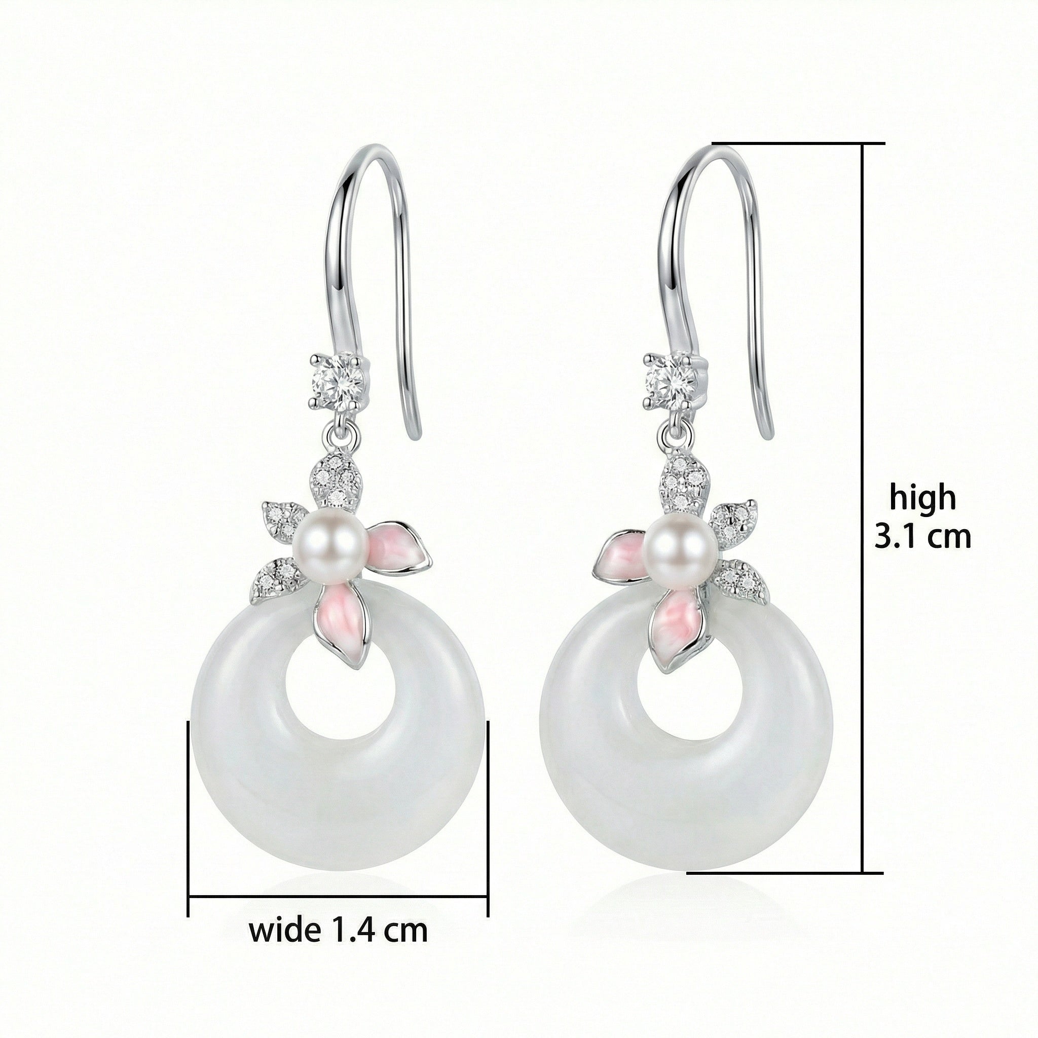 925 Sterling Silver Elegant White Jade and Pearl Floral Drop Earrings in Sterling Silver