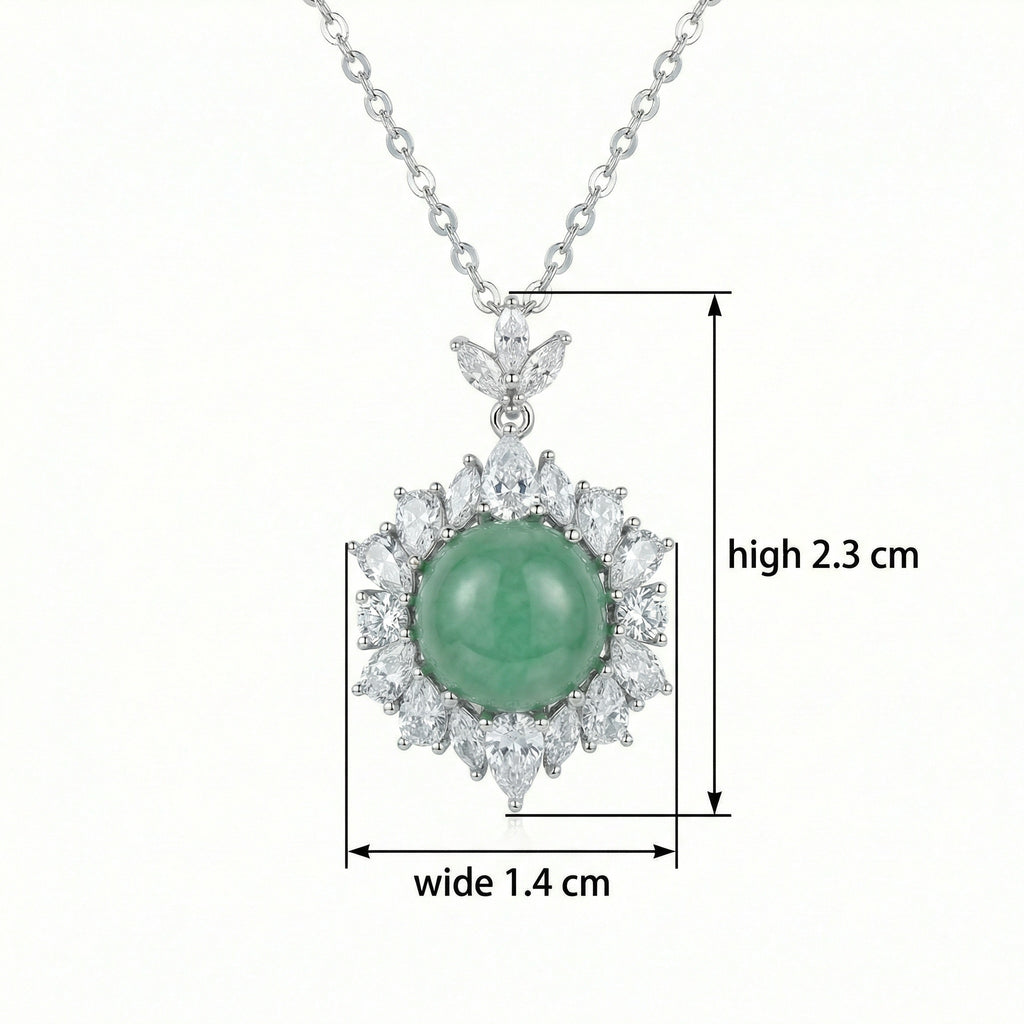 925 Sterling Silver Elegant Green Jade Cabochon and Sparkling Crystal Halo Pendant Necklace