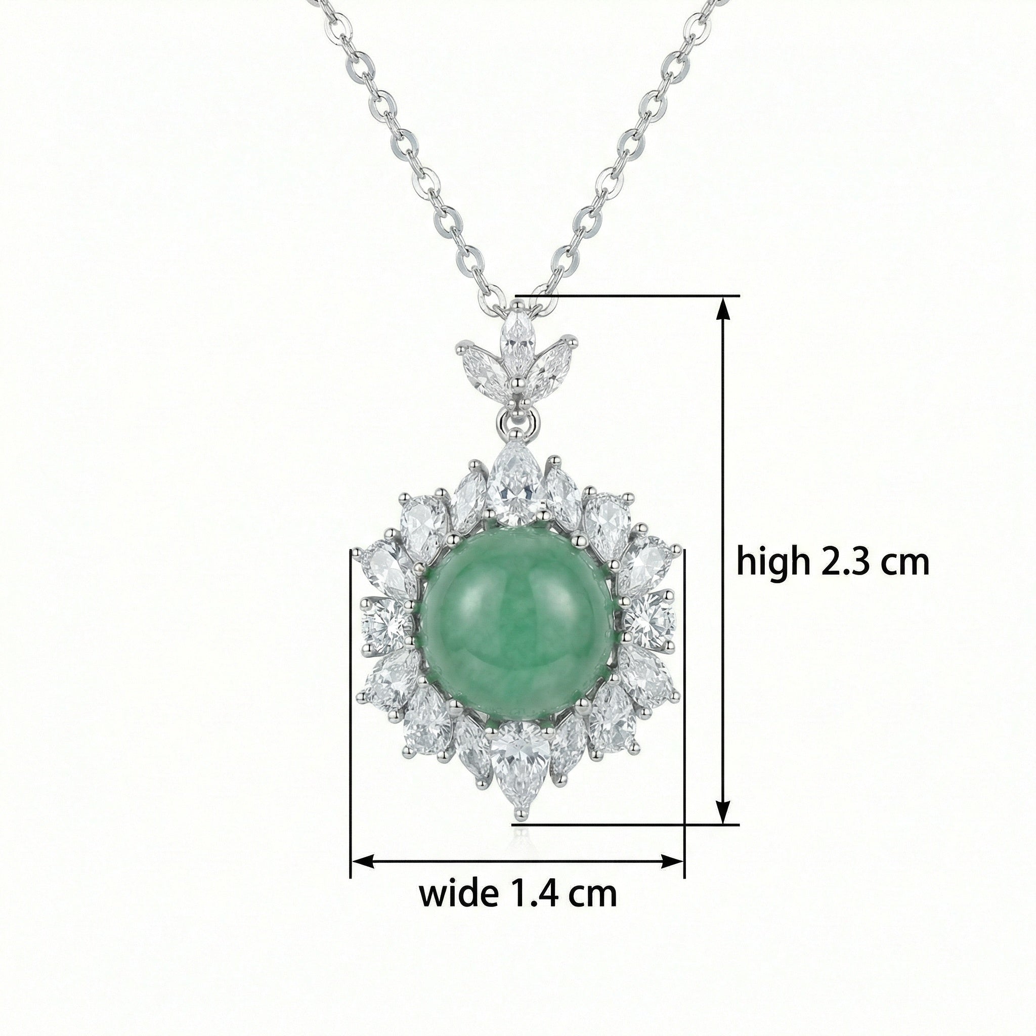 925 Sterling Silver Elegant Green Jade Cabochon and Sparkling Crystal Halo Pendant Necklace