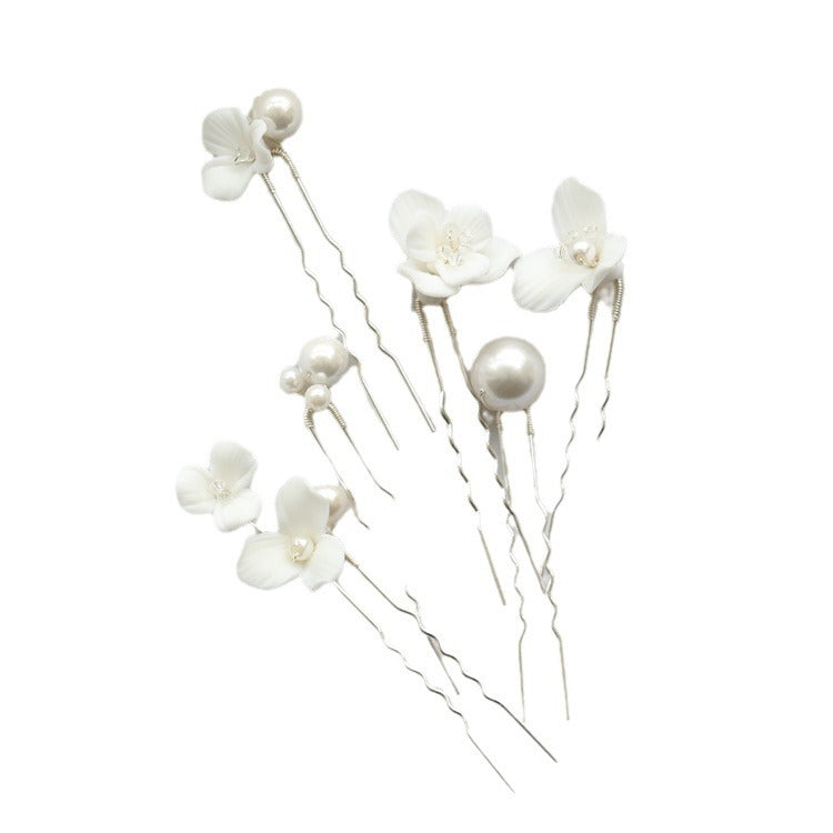 Ceramic Flower Pearl Embellished Bridal Hairpin