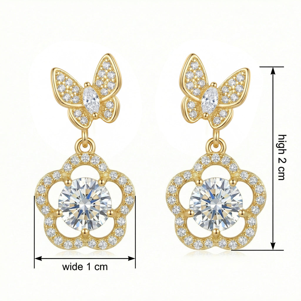 925 Sterling Silver Elegant Butterfly and Floral Drop Earrings