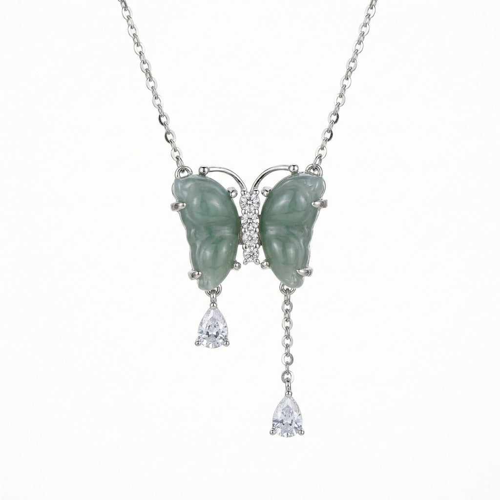 925 Sterling Silver Elegant Green Jade Butterfly Pendant Necklace