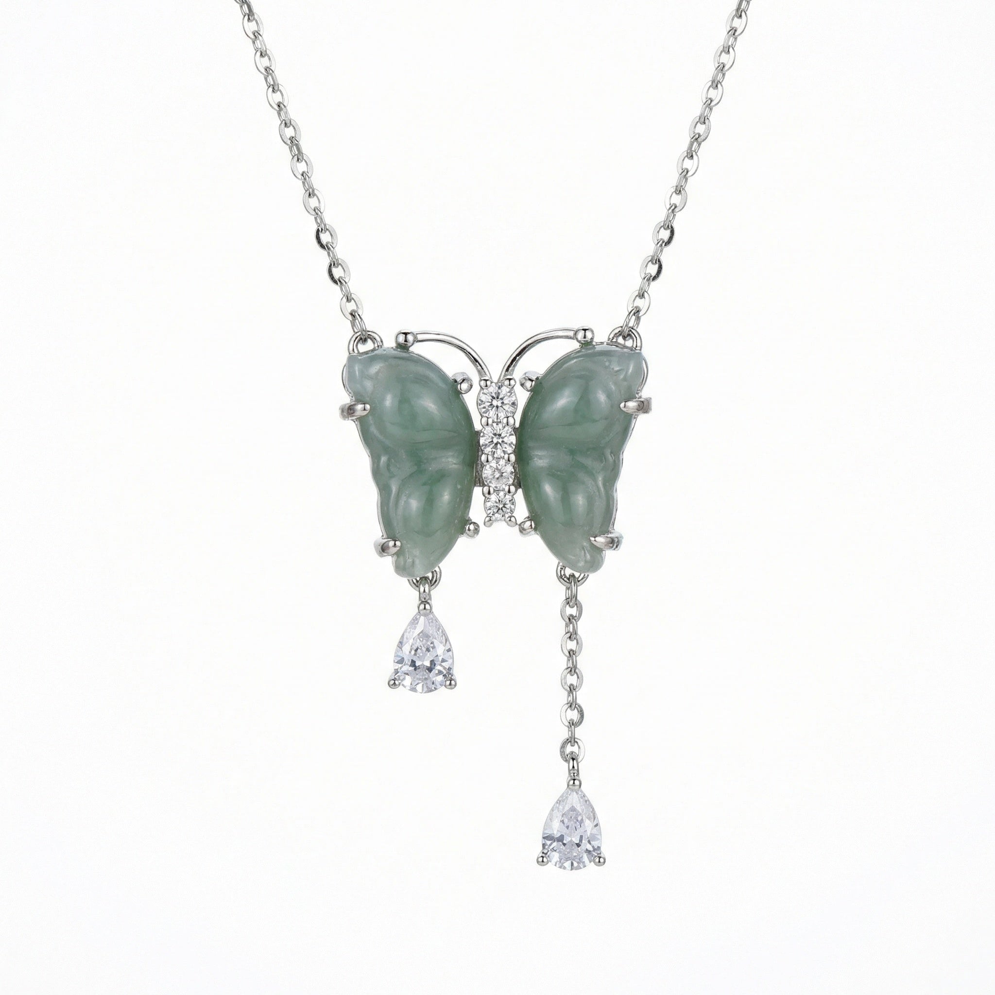 925 Sterling Silver Elegant Green Jade Butterfly Pendant Necklace