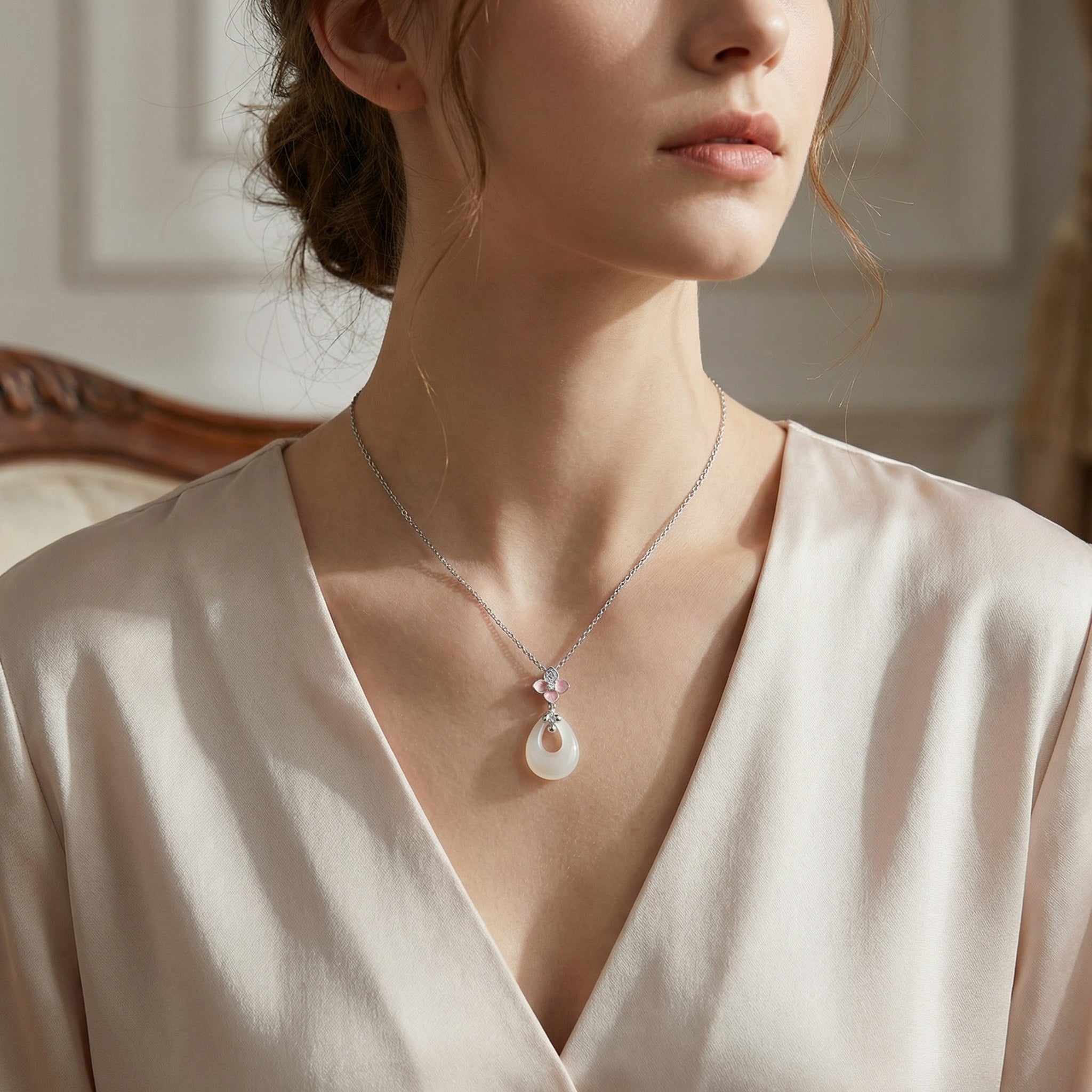 925 Sterling Silver Elegant Cherry Blossom and White Teardrop