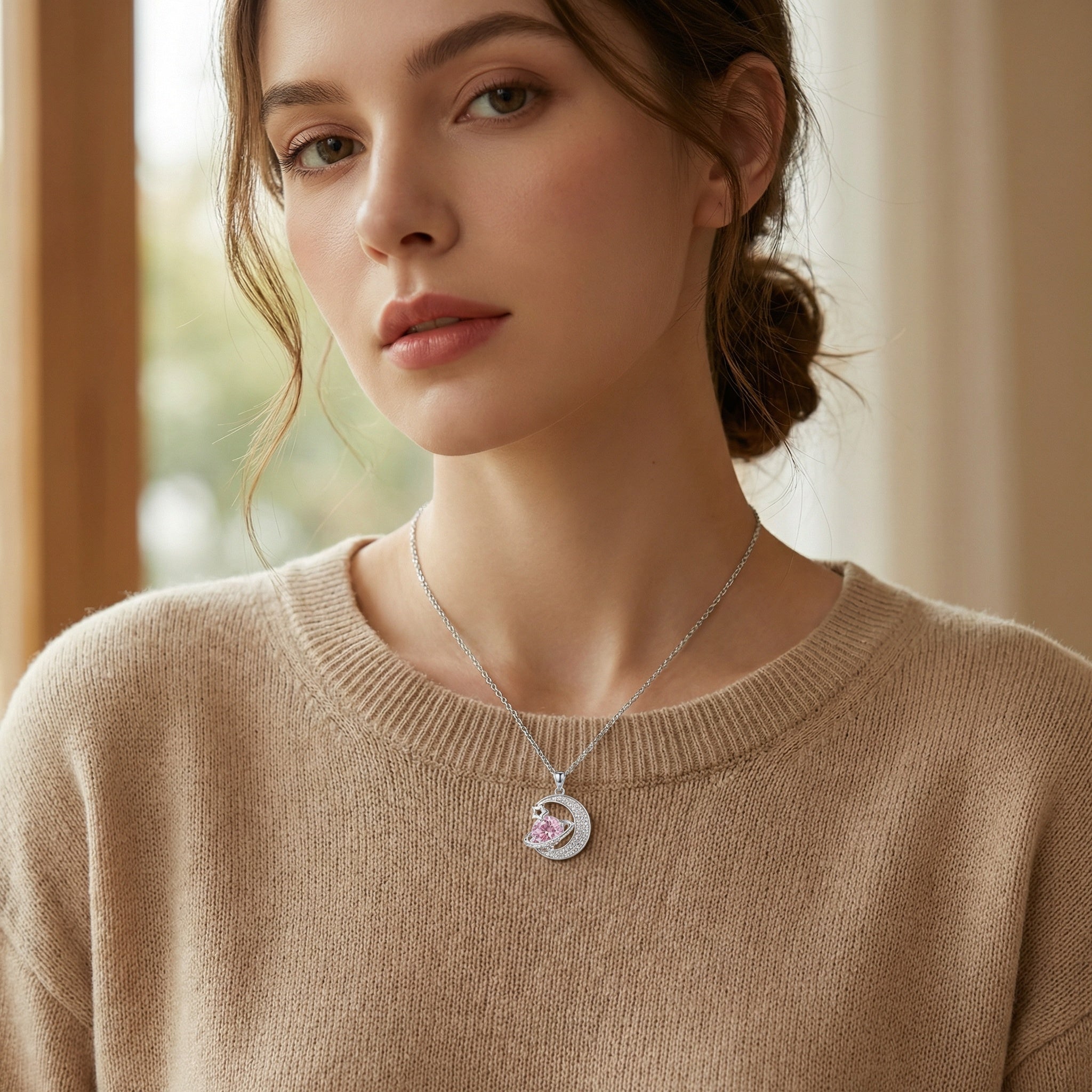 925 Sterling Silver Celestial Crescent Moon and Sparkling Pink Planet