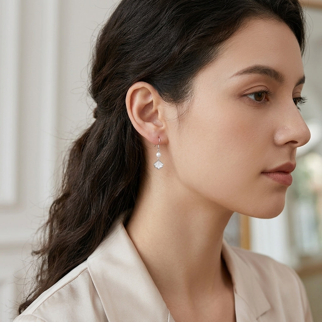 925 Sterling Silver Elegant  Pearl Drop Earrings with Lustrous Shell