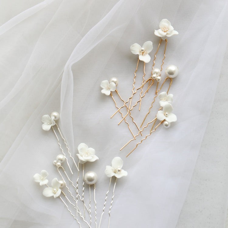 Ceramic Flower Pearl Embellished Bridal Hairpin