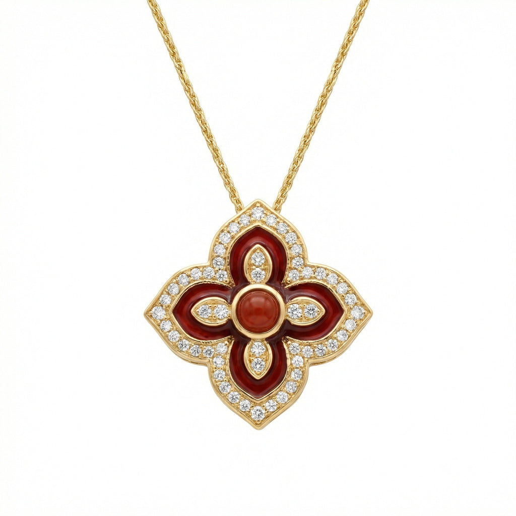 925 Sterling Silver Radiant Red Enamel and Diamondt Necklace