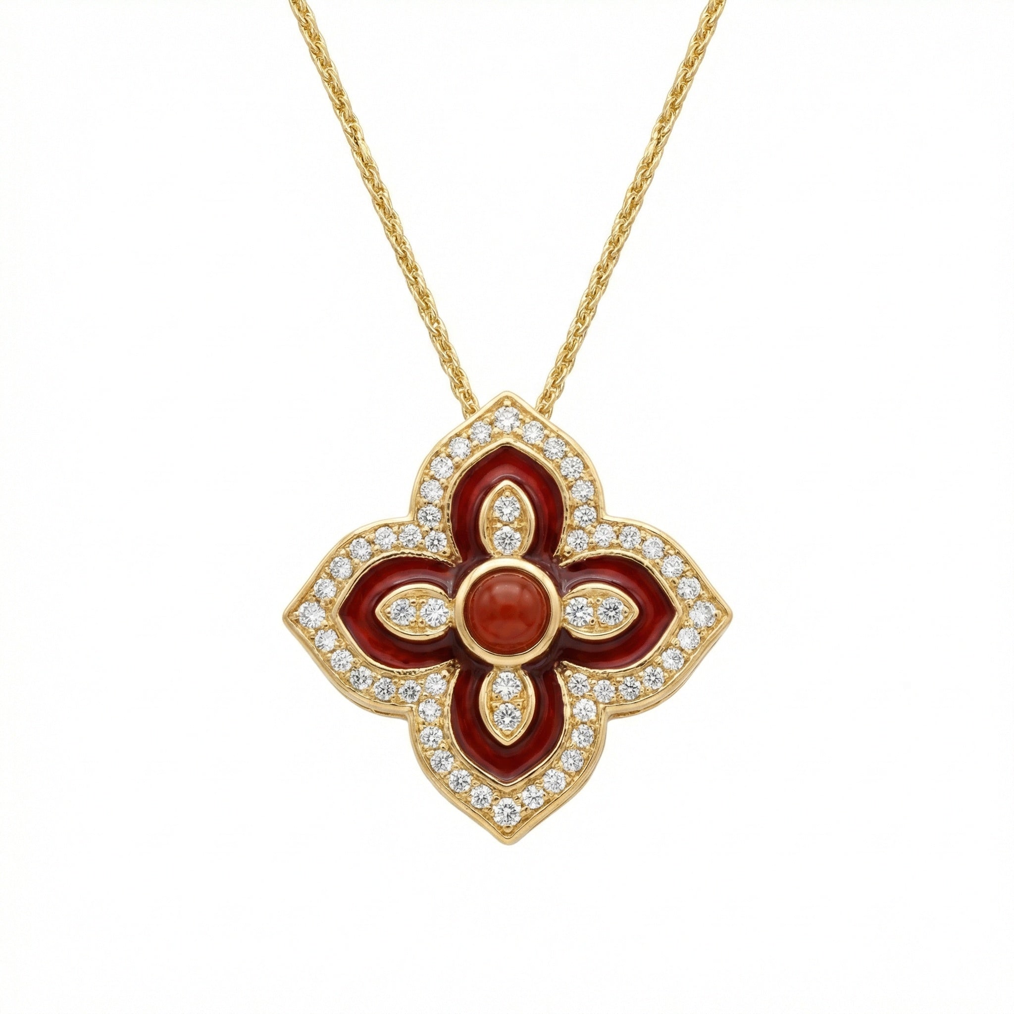 925 Sterling Silver Radiant Red Enamel and Diamondt Necklace