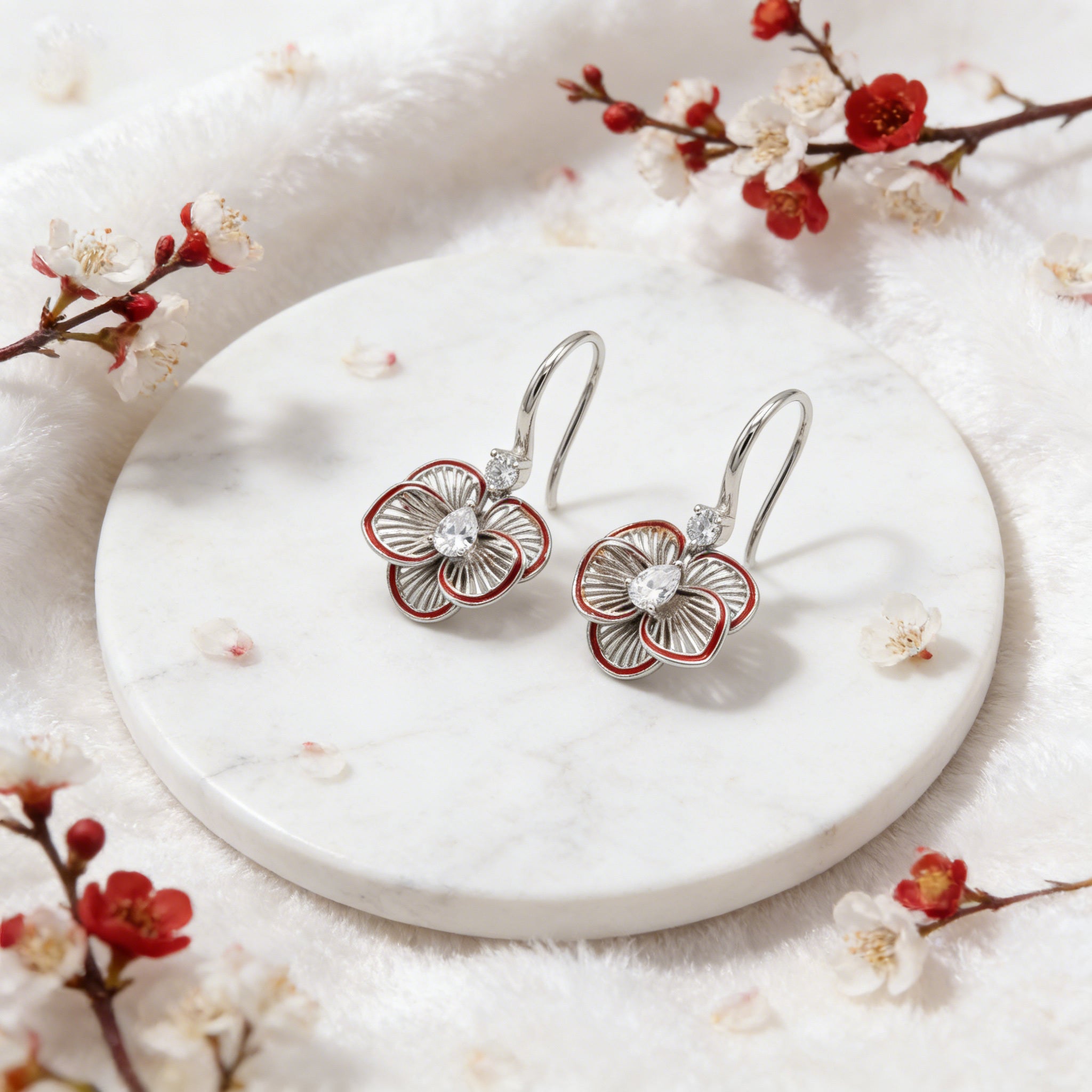 925 Sterling Silver Elegant Floral Filigree Earrings Red Enamel Trim